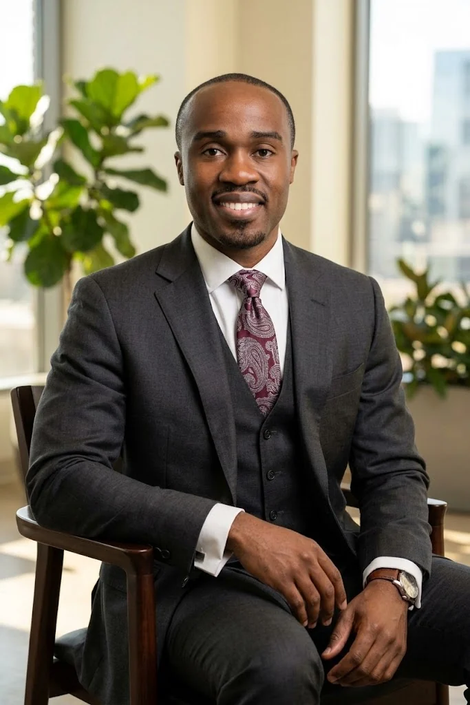 Mo Yusuf seated in a charcoal three-piece suit