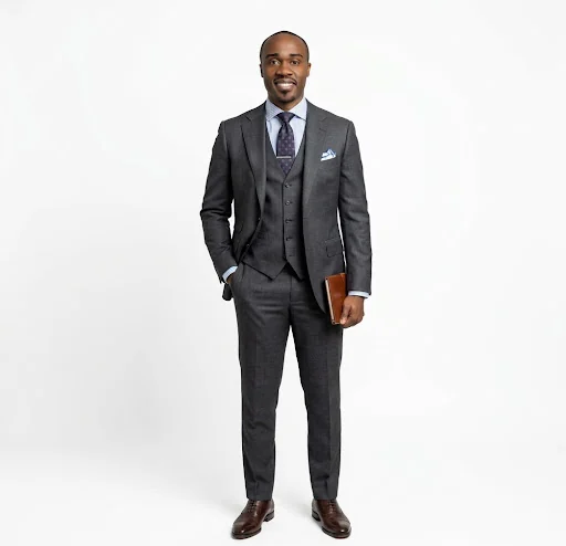 Mo Yusuf standing in a charcoal three-piece suit